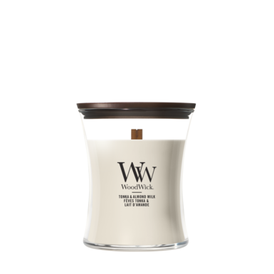 WoodWick Geurkaars Medium Tonka & Almond Milk - 11 cm / ø 10 cm - Geurkaars in Glas - Houten Lont