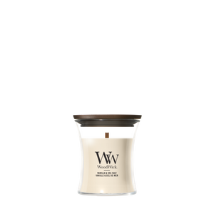WoodWick Geurkaars Mini Vanilla & Sea Salt - 8 cm / ø 7 cm - Geurkaars in Glas - Houten Lont