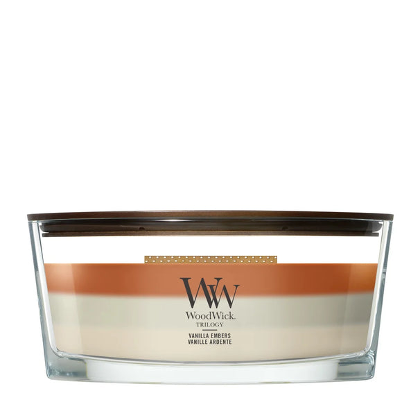 WoodWick Geurkaars Ellipse Trilogy Vanilla Embers - 9 cm / 19 cm - Geurkaars in Glas - Houten Lont