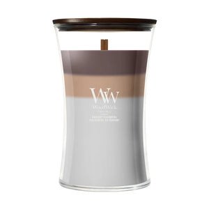 WoodWick Geurkaars Large Trilogy Radiant Cashmere - 18 cm / ø 10 cm - Geurkaars in Glas - Houten Lont