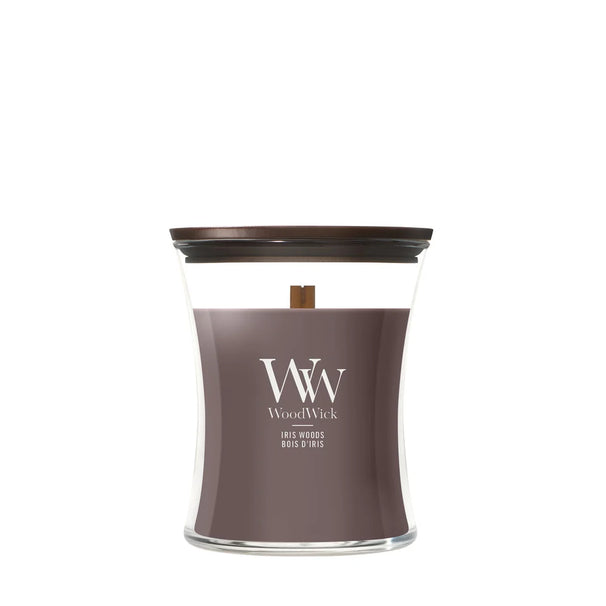 WoodWick Geurkaars Medium Iris Woods - 11 cm / ø 10 cm - Geurkaars in Glas - Houten Lont