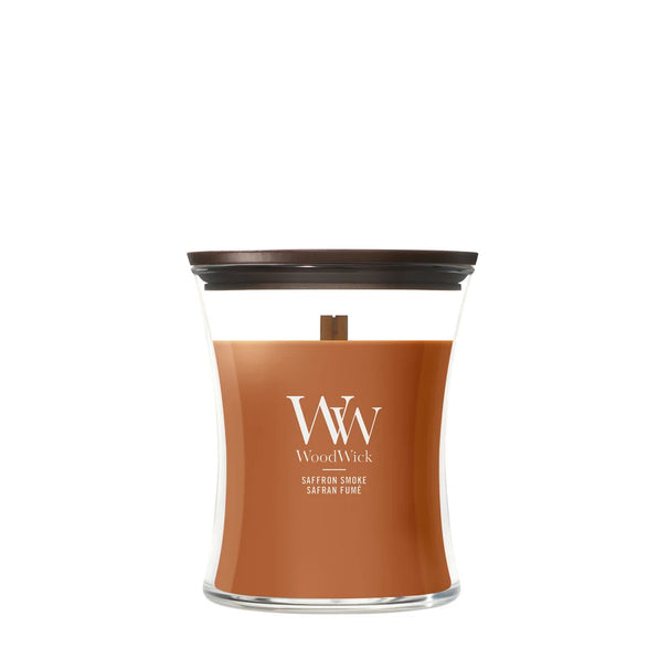 WoodWick Geurkaars Medium Saffron Smoke - 11 cm / ø 10 cm - Geurkaars in Glas - Houten Lont