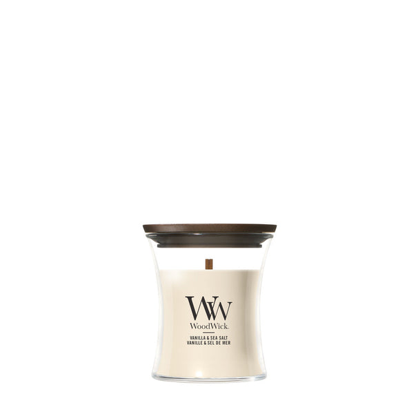 WoodWick Geurkaars Mini Vanilla & Sea Salt - 8 cm / ø 7 cm - Geurkaars in Glas - Houten Lont