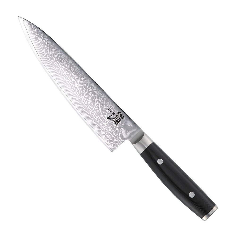 Yaxell Koksmes Ran 20 cm 69 laags damaststaal met canvas Micarta heft, vrijstaand op witte achtergrond