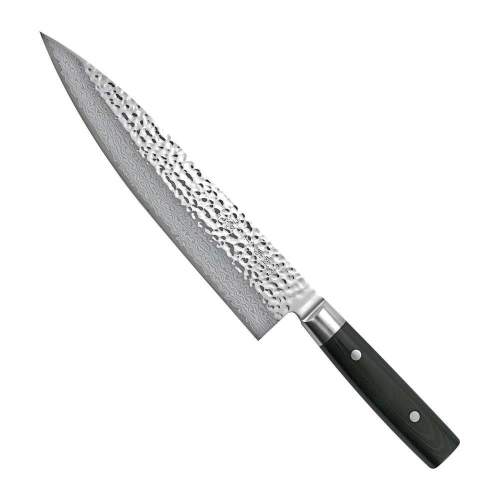 Yaxell Koksmes Zen 24 cm 37 laags damaststaal met canvas Micarta heft, vrijstaand op witte achtergrond