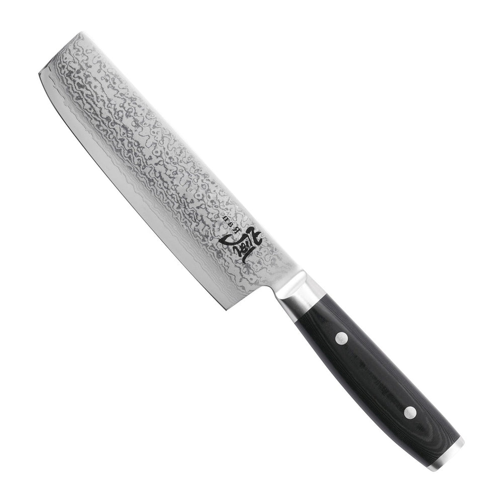 Yaxell Nakirimes Ran 16.5 cm 69 laags damaststaal met canvas Micarta heft, vrijstaand op witte achtergrond