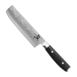 Yaxell Nakirimes Ran 16.5 cm 69 laags damaststaal met canvas Micarta heft, vrijstaand op witte achtergrond