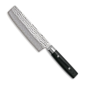 Yaxell Nakirimes Zen 16.5 cm 37 laags damaststaal met canvas Micarta heft, vrijstaand op witte achtergrond