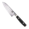 Yaxell Santokumes Ran 12.5 cm 69 laags damaststaal met canvas Micarta heft, vrijstaand op witte achtergrond