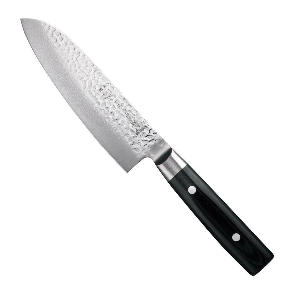 Yaxell Santokumes Zen 16.5 cm 37 laags damaststaal met canvas Micarta heft, vrijstaand op witte achtergrond