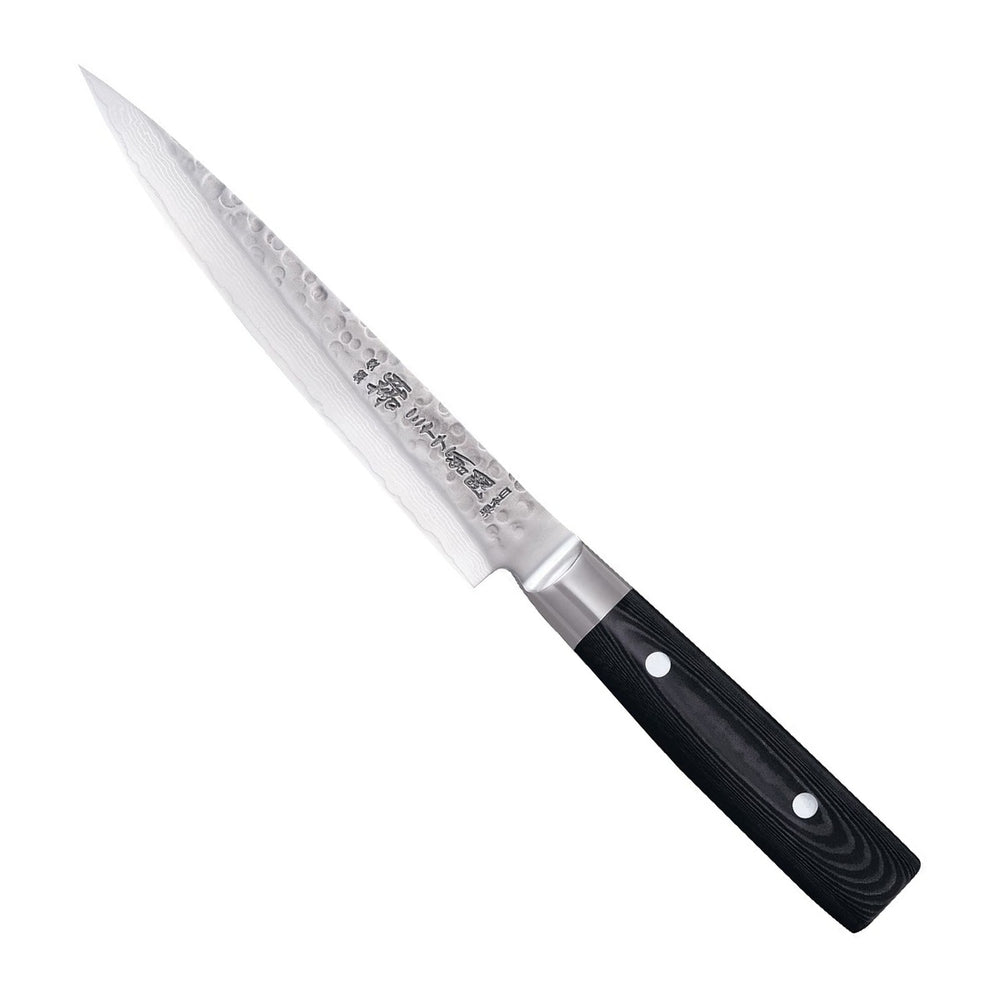 Yaxell Vleesmes Zen 18 cm 37 laags damaststaal met canvas Micarta heft, vrijstaand op witte achtergrond