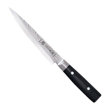 Yaxell Vleesmes Zen 18 cm 37 laags damaststaal met canvas Micarta heft, vrijstaand op witte achtergrond