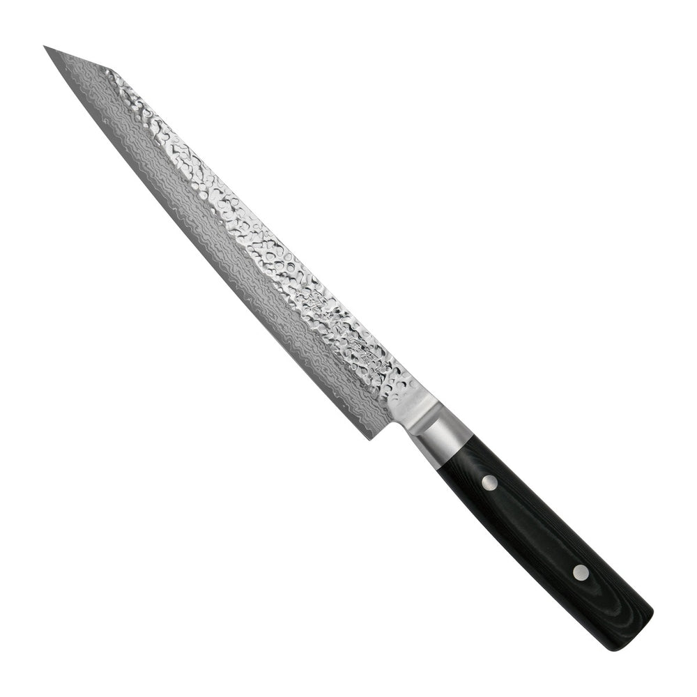 Yaxell Vleesmes Zen 23 cm 37 laags damaststaal met canvas Micarta heft, vrijstaand op witte achtergrond