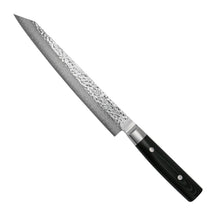 Yaxell Vleesmes Zen 23 cm 37 laags damaststaal met canvas Micarta heft, vrijstaand op witte achtergrond