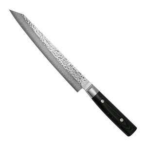 Yaxell Vleesmes Zen 23 cm 37 laags damaststaal met canvas Micarta heft, vrijstaand op witte achtergrond