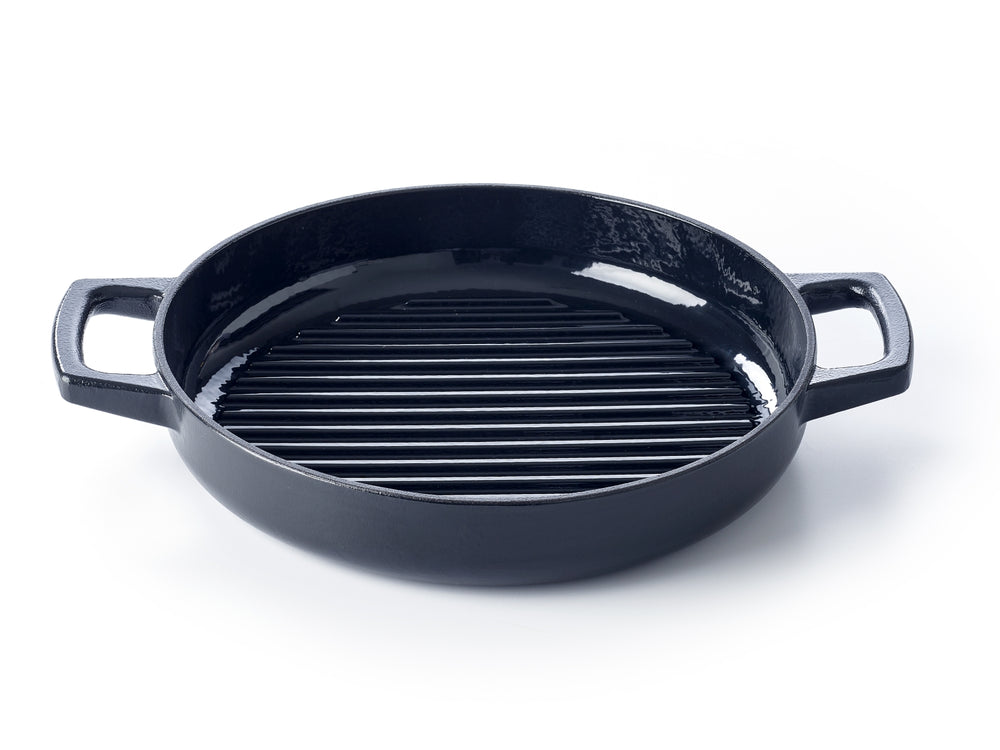 Alva Grillpan / Grillplaat Nori ø 28 cm + Gratis Leren Handvaten - geschikt voor alle warmtebronnen - geëmailleerde anti-aanbaklaag