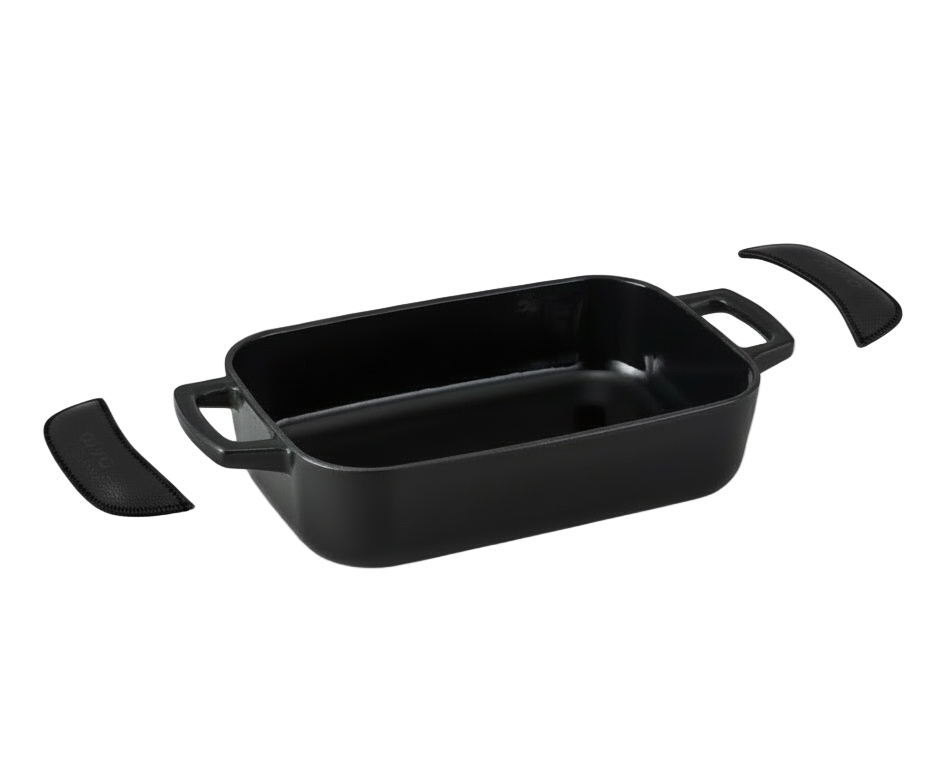 Alva Ovenschaal / Braadslede Gietijzer Nori + Gratis Leren Handvaten - 30 x 21 x 8.2 cm - geëmailleerde anti-aanbaklaag