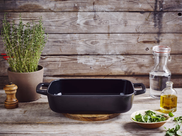Alva Ovenschaal / Braadslede Gietijzer Nori + Gratis Leren Handvaten - 30 x 21 x 8.2 cm - geëmailleerde anti-aanbaklaag