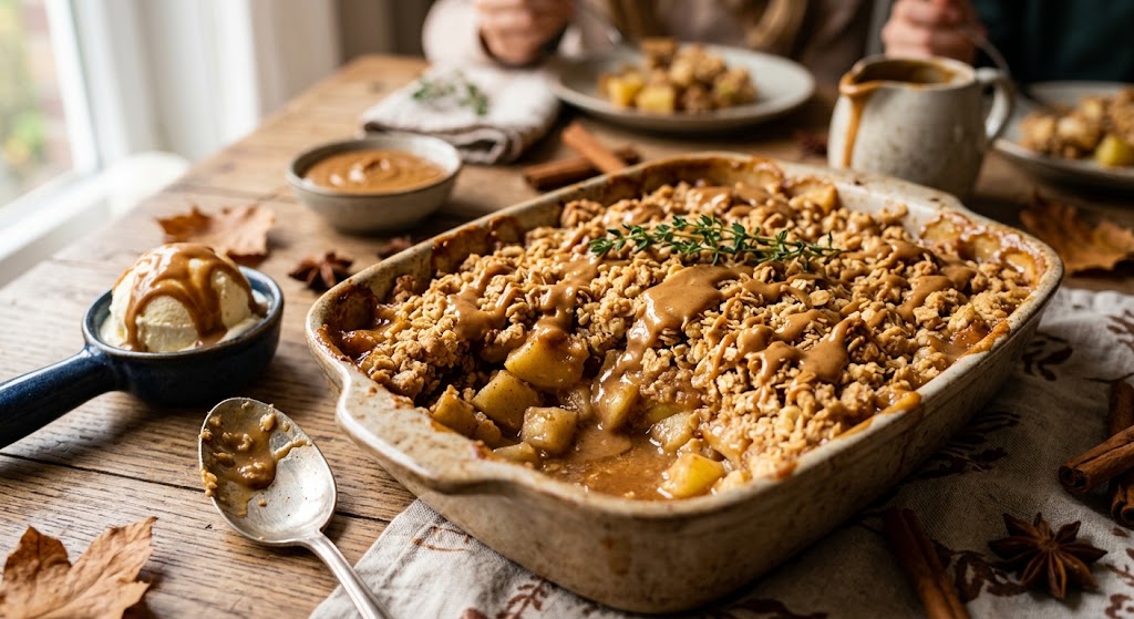 Krokante crumble, zachte peren en appels, en een warme speculoossaus erover: dit is herfst op zijn lekkerst.