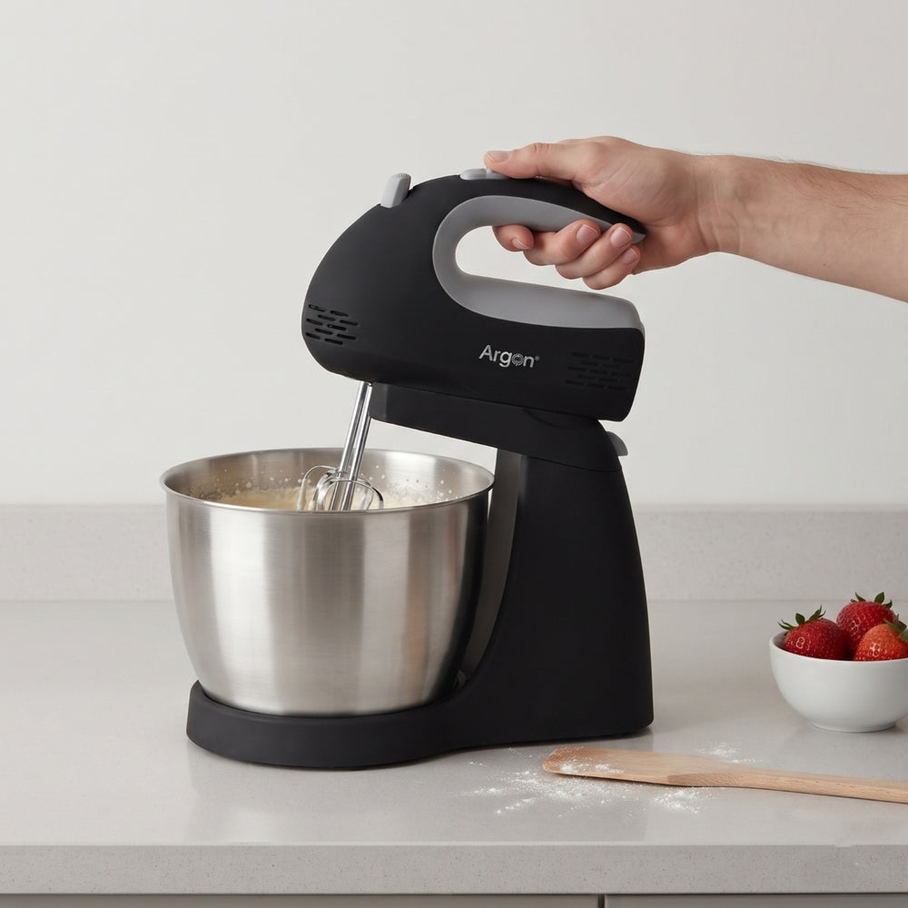 Argon Handmixer Zwart - met Standaard en RVS Mengkom - 300 W