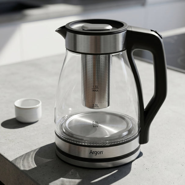 Argon Waterkoker Glas / RVS met Filter - 1.5 Liter - 1500 W
