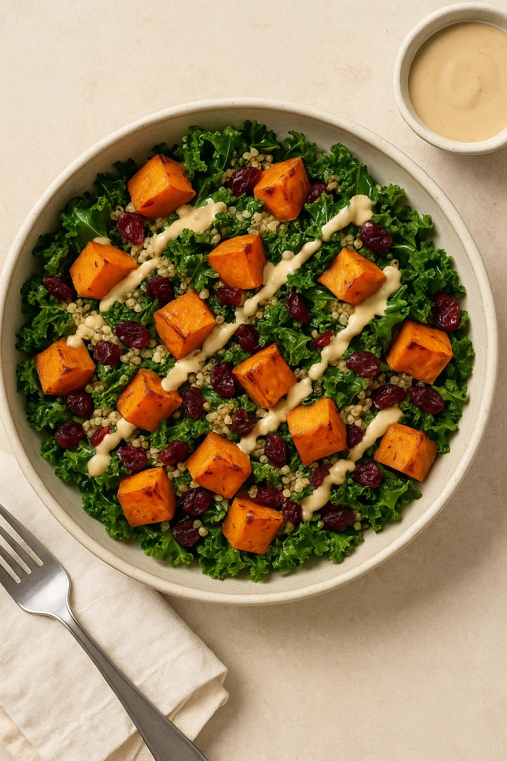 Een voedzame warme salade met geroosterde zoete aardappel, boerenkool en een romige tahini-dressing