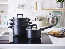 BK Pannenset Flow Cool Zwart 4-delig - RVS - Kookpan ø 16, 18, 20 cm & Steelpan ø 16 cm