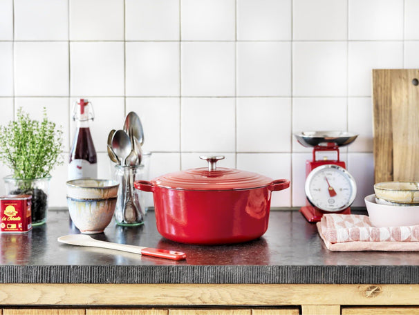 BK Pannenset Bourgogne Chili Red Gietijzer 3-delig - Braadpan ø 24, 28 cm & Grillpan 26x26 cm - geschikt voor alle warmtebronnen
