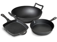 Blackwell Pannenset Gietijzer 3-Delig Grillpan 23 x 23 cm, Koekenpan ø 25 cm & Wok ø 32 cm - geschikt voor alle warmtebronnen - zonder anti-aanbaklaag