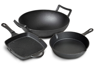 Blackwell Pannenset Gietijzer 3-Delig Grillpan 23 x 23 cm, Koekenpan ø 25 cm & Wok ø 32 cm - geschikt voor alle warmtebronnen - zonder anti-aanbaklaag