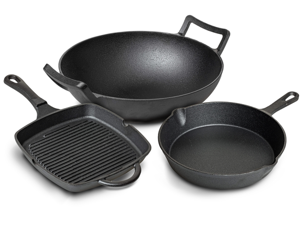 Blackwell Pannenset Gietijzer 3-Delig Grillpan 23 x 23 cm, Koekenpan ø 25 cm & Wok ø 32 cm - geschikt voor alle warmtebronnen - zonder anti-aanbaklaag