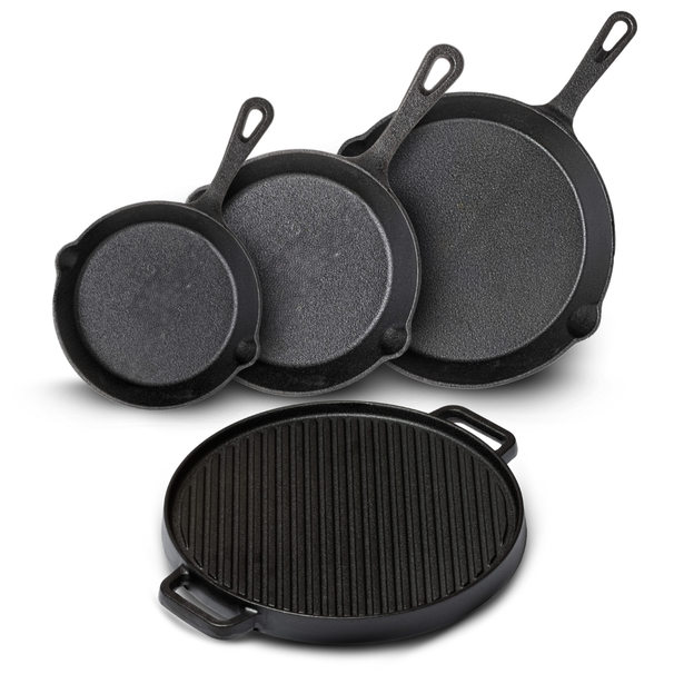 Blackwell Pannenset Gietijzer 4-Delig Koekenpan 16, 20 & 25 cm & Grillplaat ø 30 cm - geschikt voor alle warmtebronnen - zonder anti-aanbaklaag