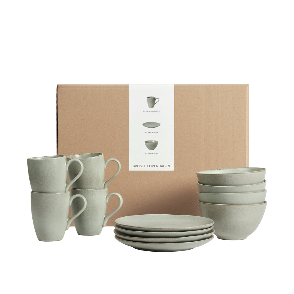 Broste Copenhagen Ontbijtset Nordic Marsh 12-delig / 4 personen - 4 ontbijtborden, 4 kommen en 4 kopjes