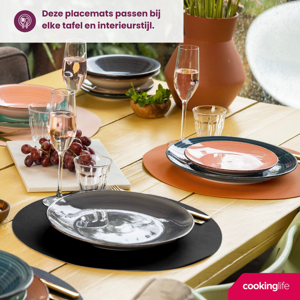Cookinglife 6 Placemats + 6 Onderzetters - Dubbelzijdig - Rond - Vegan leer - Zwart / Cognac