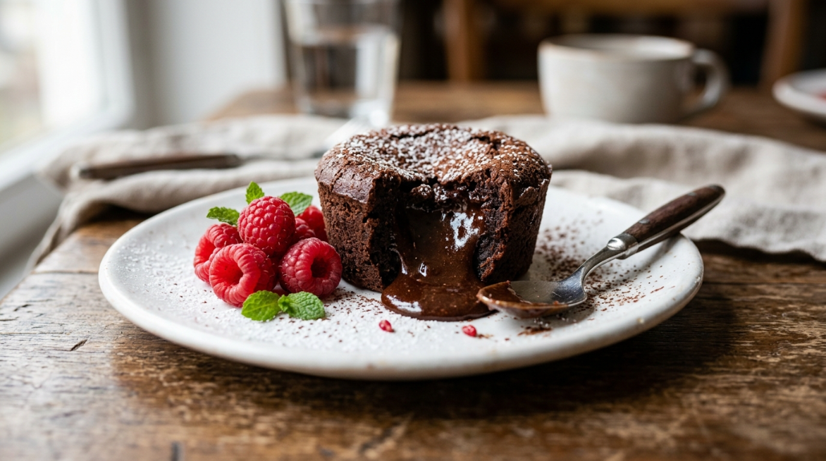 Rijke chocoladefondant zonder gluten, met een vloeibaar hart en frisse frambozen.