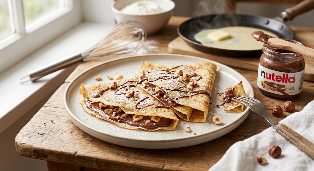 Flinterdun, goudgeel en gevuld met chocolade hazelnootpasta.