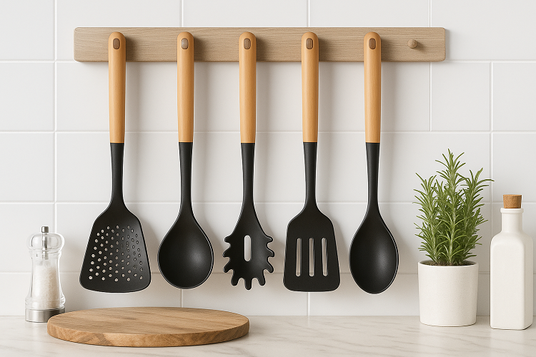Cookinglife Keukengerei set - Kookgerei set - hout zwart 5 delig - Schuimspaan, soeplepel, spaghettilepel, bakspaan & opscheplepel