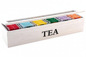 Cookinglife Theedoos - Theekist - Hout Wit - 6 vakken - met Glazen Deksel - 43 x 9 x 9 cm