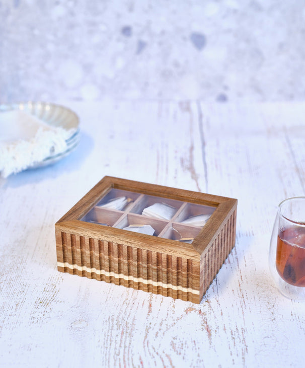 Cosy & Trendy Theedoos - Theekist - Acaciahout - 6 vakken - met Venster - 21 x 17 x 7.5 cm