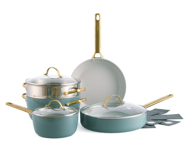 GreenPan Pannenset Padova Reserve Smokey Blue 7-delig - Steelpan ø 18 cm, Kookpan ø 24 cm, Koekenpan ø 26 cm, Hapjespan ø 28 cm & Stoominzet  - Keramische anti-aanbaklaag