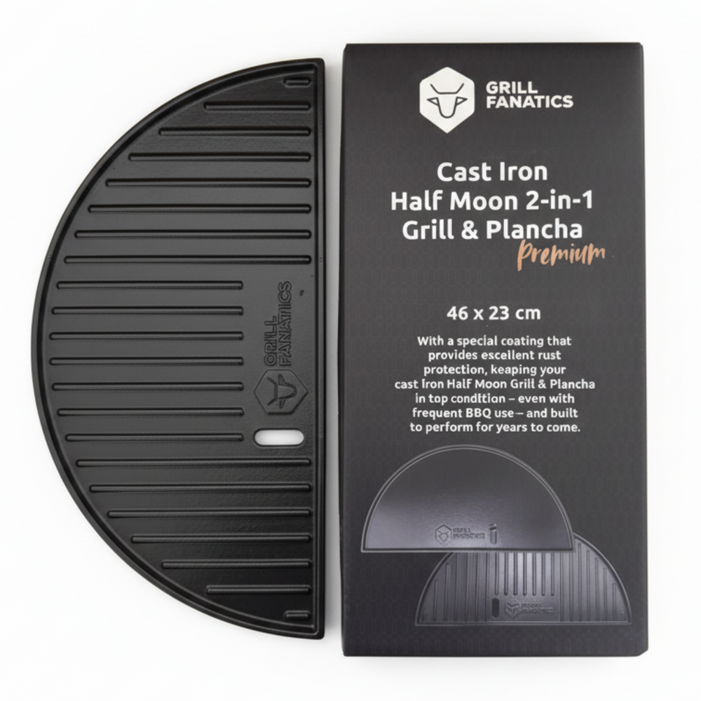 Cookinglife Grill Halve Maan Grillplaat / Plancha Gietijzer - 2-zijdig - Geschikt voor 46 cm Kamado's