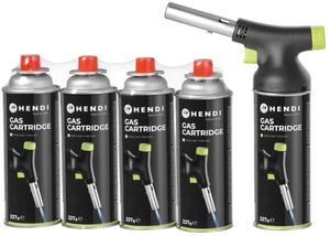 Hendi BBQ Aansteker / Creme Brulee Brander / Koksbrander - met gasbus + Extra Butaan Gas Navullingen - 4 Stuks
