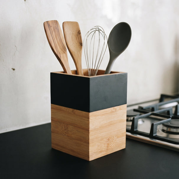 Cosy & Trendy Spatelpot Black & Wood - 10 x 10 x 14.5 cm