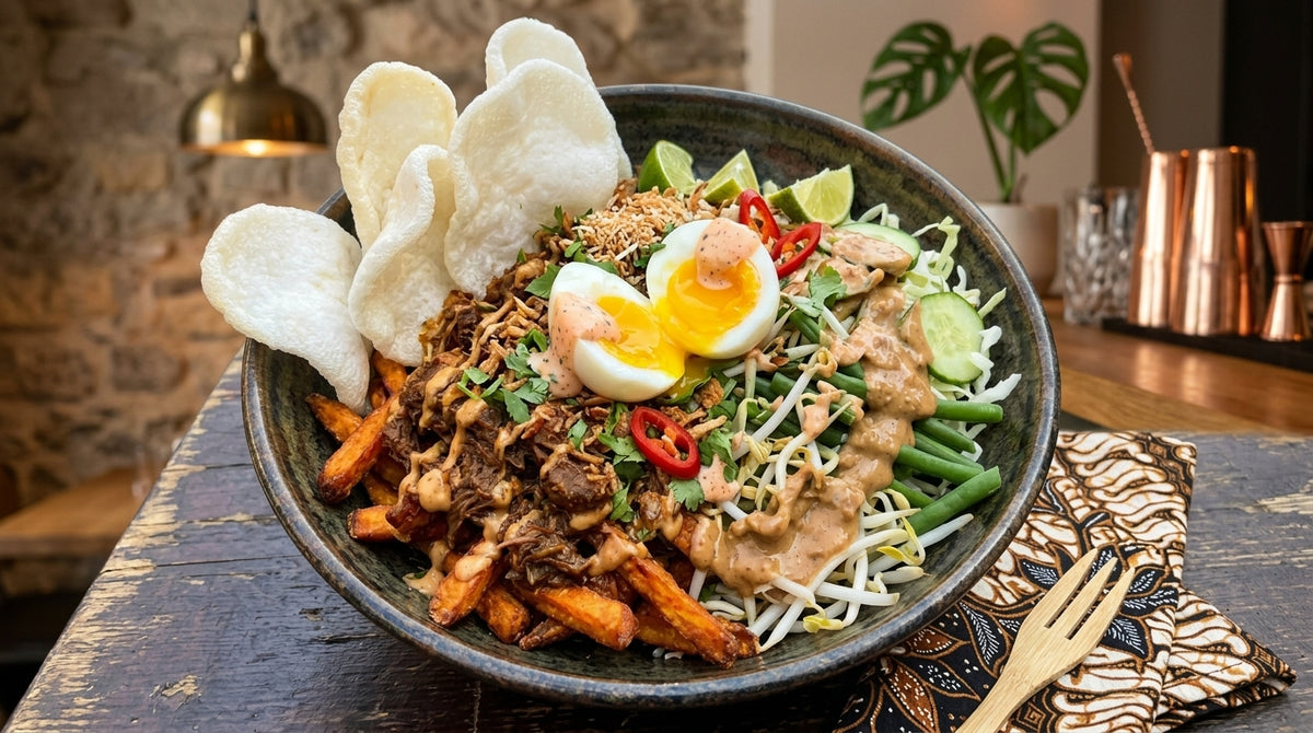 Zoete aardappelfriet met gado gado salade, gekookt ei, kimchimayonaise en cassave kroepoek