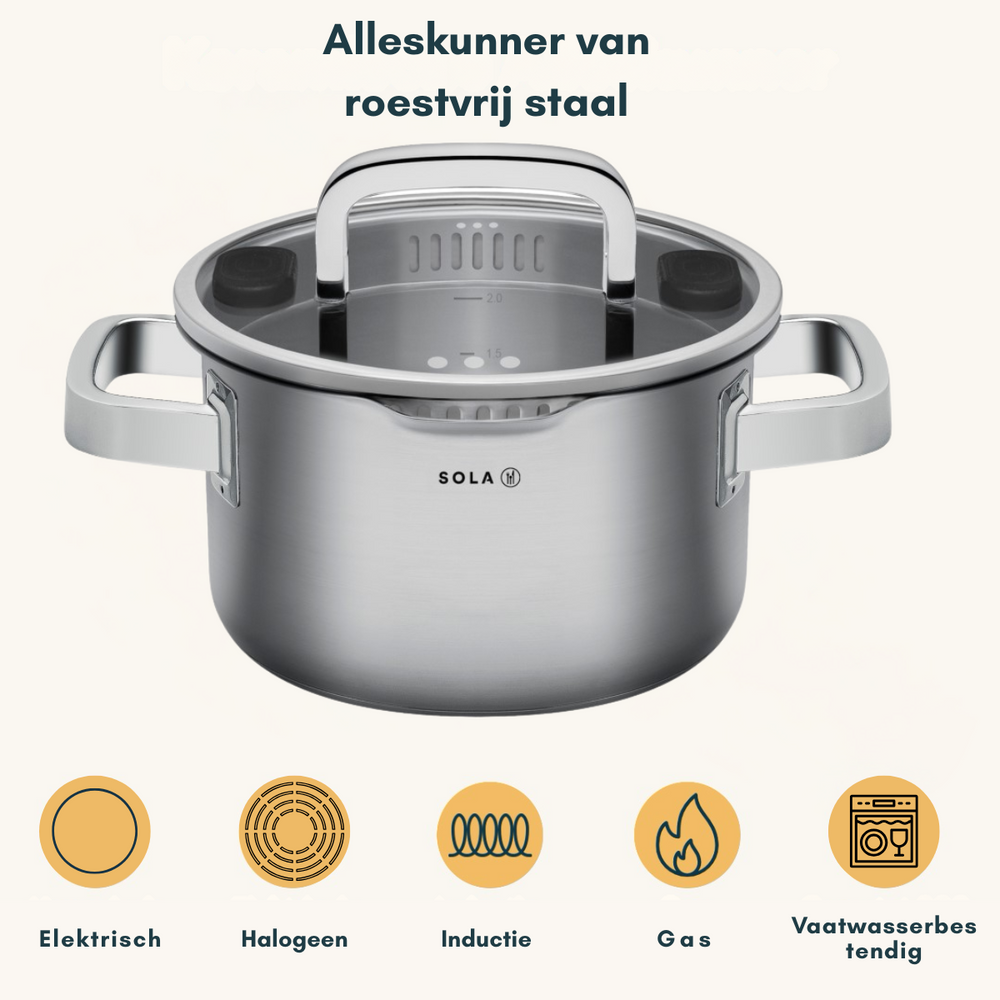 Sola Pannenset Juvia 5-Delig RVS - Downdraft geschikt - Kookpan ø 16, 18, 20, 24 cm & Steelpan ø 16 cm - geschikt voor alle warmtebronnen