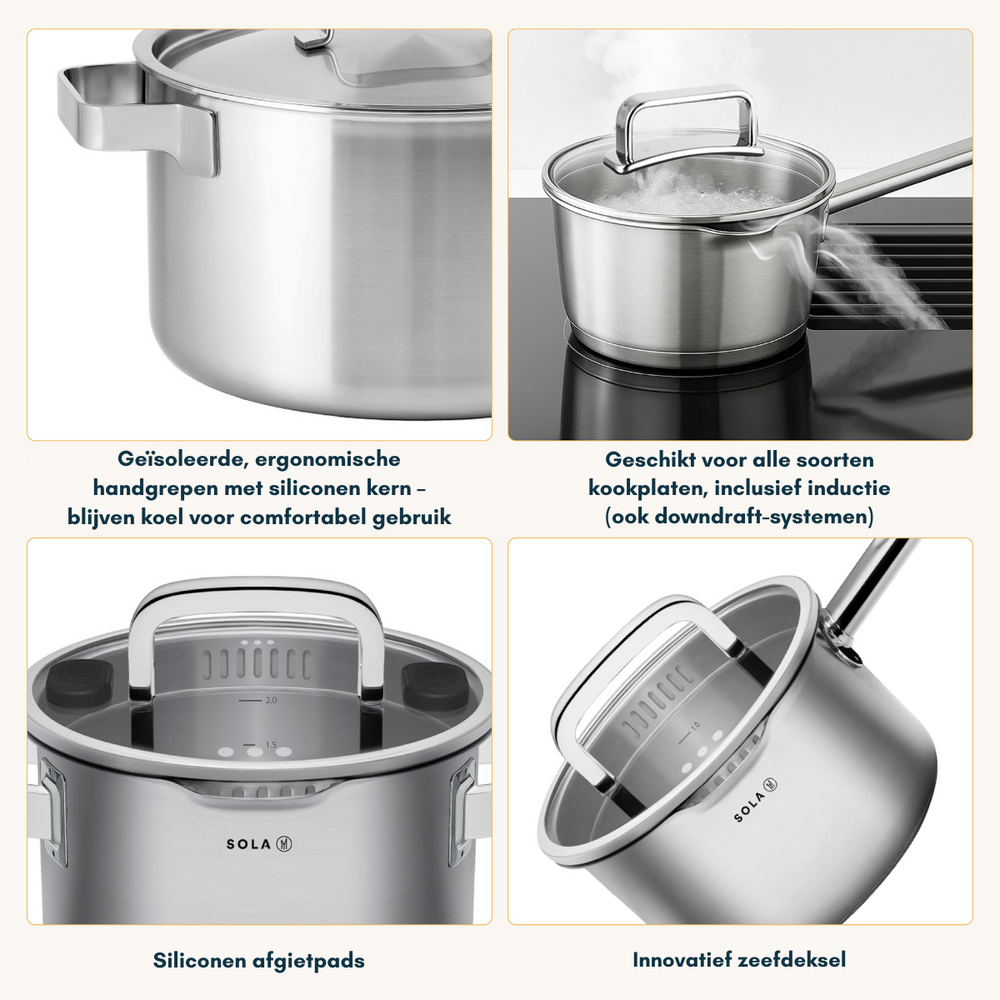 Sola Pannenset Juvia 5-Delig RVS - Downdraft geschikt - Kookpan ø 16, 18, 20, 24 cm & Steelpan ø 16 cm - geschikt voor alle warmtebronnen