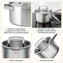 Sola Pannenset Juvia 5-Delig RVS - Downdraft geschikt - Kookpan ø 16, 18, 20, 24 cm & Steelpan ø 16 cm - geschikt voor alle warmtebronnen