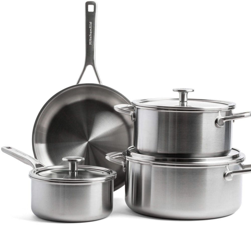 KitchenAid Pannenset Multi-Ply Stainless Steel 6 -delig - Kookpan ø 20, 24 cm, Steelpan ø 16 cm & Koekenpan ø 24 cm + Koekenpan Classic Forged ø 24 & 28 cm