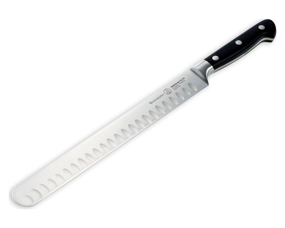 Messermeister Zalmmes / Hammes met Kuiltjes Meridian Elite 25 cm - schuin aanzicht