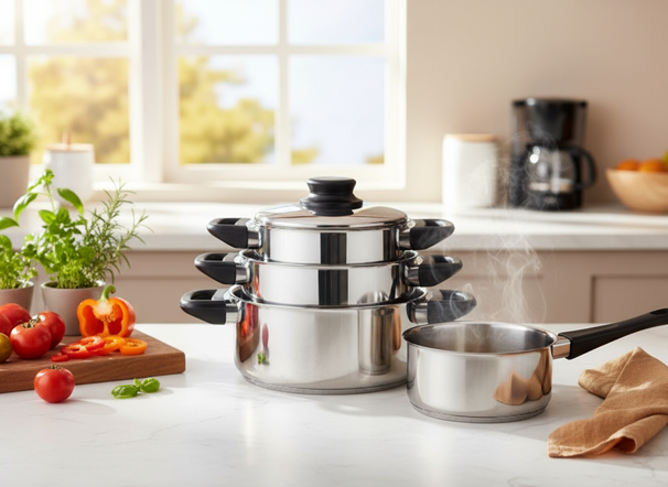 Cookinglife Pannenset RVS / Zwart 4-Delig - Kookpan ø 16, 18 , 20 cm & Steelpan ø 16 cm- Geschikt voor alle warmtebronnen
